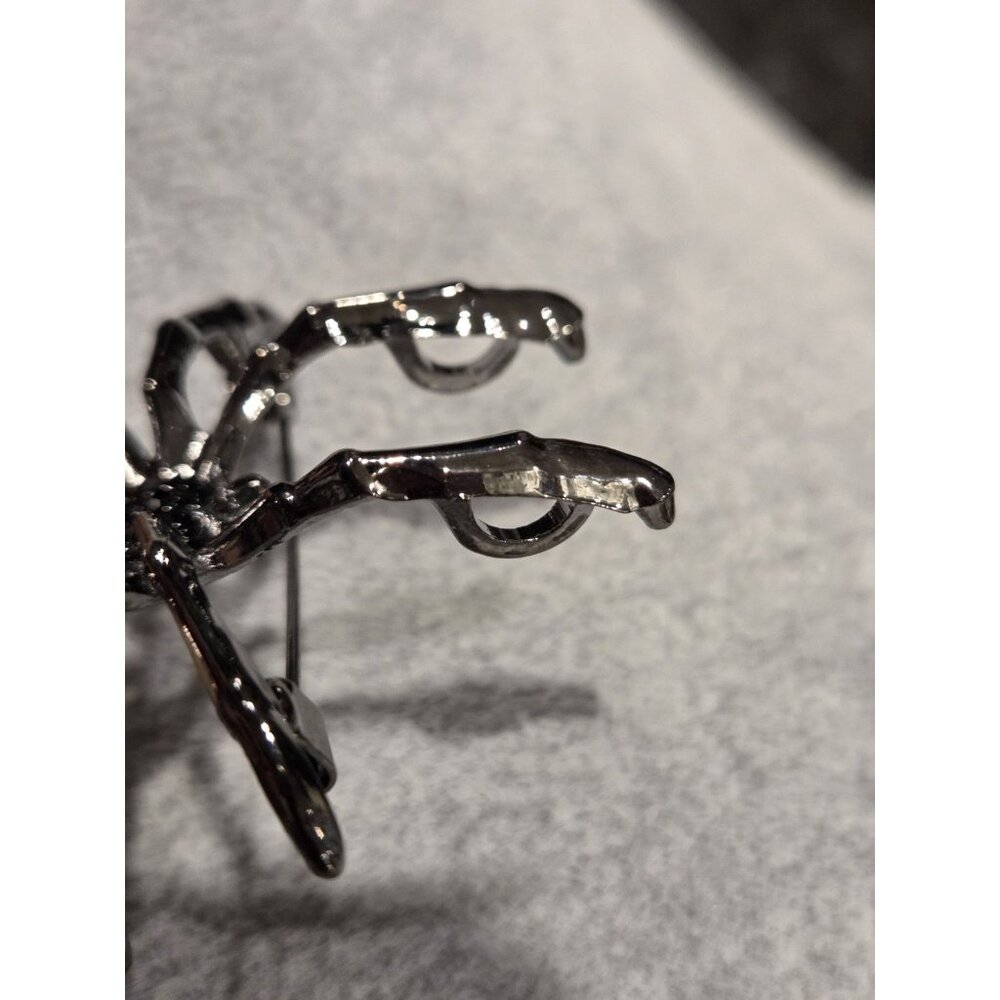 Gunmetal Spider Pendant Brooch Faux Silver Pearl Body & Black Rhinestone 2x1.75" - Picture 7 of 13